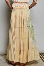 Shopimist POL shimmer tiered reverse ruffle maxi skirt with smocked waist, flowing fabric, and elegant tiered design.