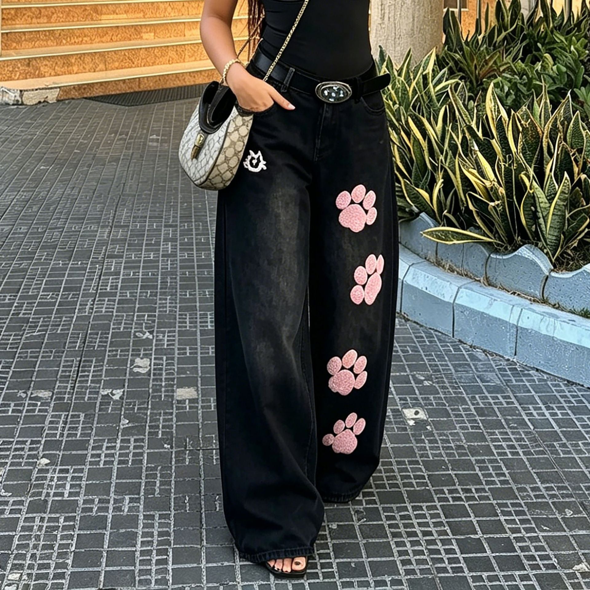 Cat Paw Embroidery Wide Leg Jeans