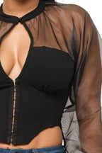 Front view of The House of Stylez blouse featuring front hook and eyelet keyhole button detail and a classic button-up design.