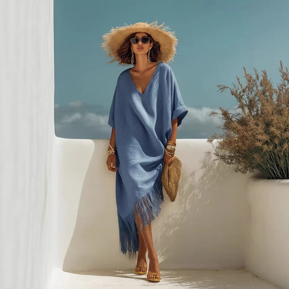 Eprolo casual beach travel dress with fringe, V-neck, comfortable fit, perfect for seaside or summer outings.