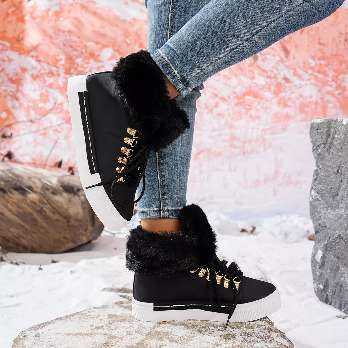 Fuzzy trim lace-up ankle boots from Simply Love featuring soft material and stylish design, perfect for casual and fall outfits.