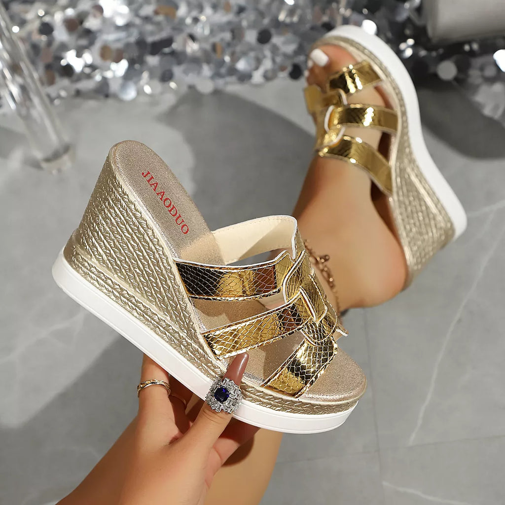Shopimist open toe wedge sandals with tan leather straps and cork platform, perfect for summer casual wear.