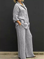 Plus size long sleeve shirt and pants set by Shopimist, featuring a comfortable, full-length matching loungewear outfit.