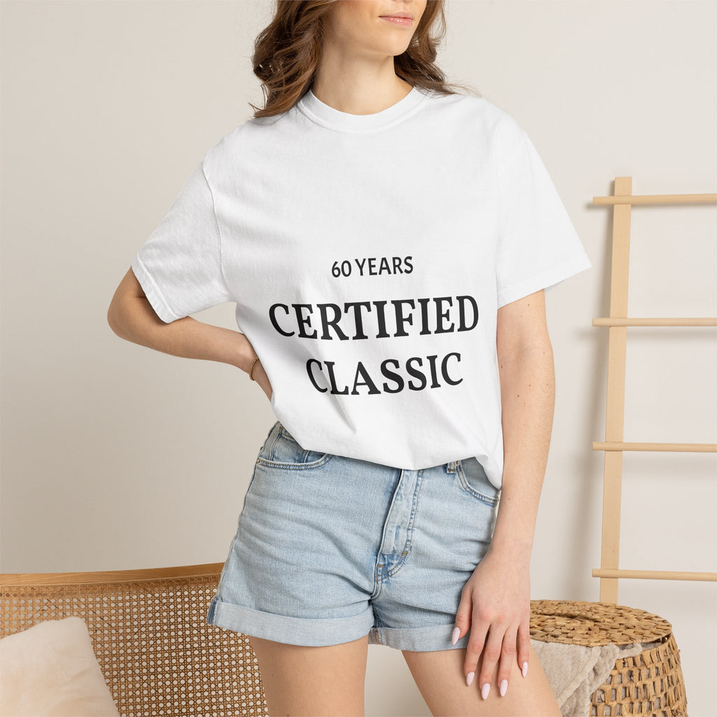 White Certified Classic 60 Years T-Shirt by Printify featuring a vintage logo design on front, made from soft cotton fabric.