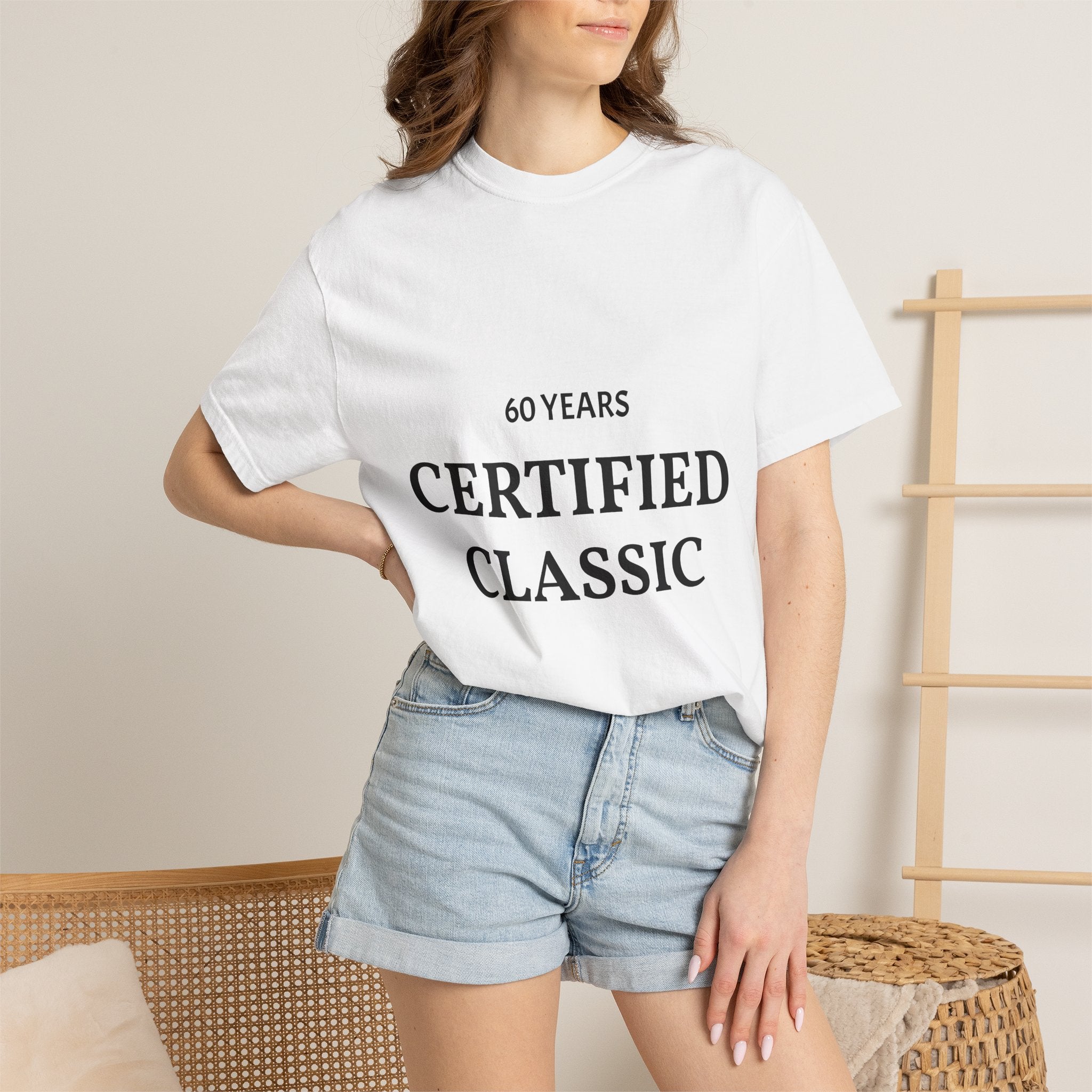 White Certified Classic 60 Years T-Shirt by Printify featuring a vintage logo design on front, made from soft cotton fabric.