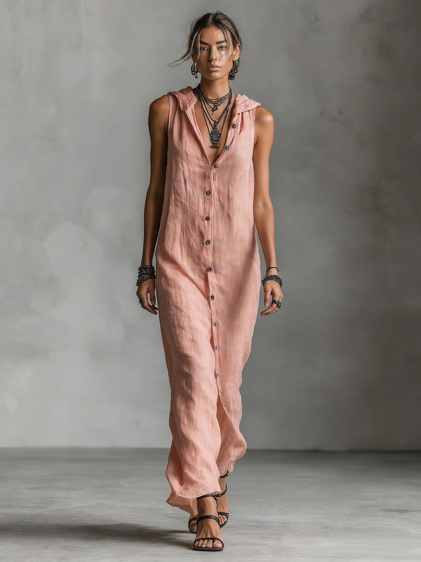 Women's sleeveless deep V-neck hooded loose maxi dress by Plush Fashion Hub in various colors, shown in a relaxed fit on a model.