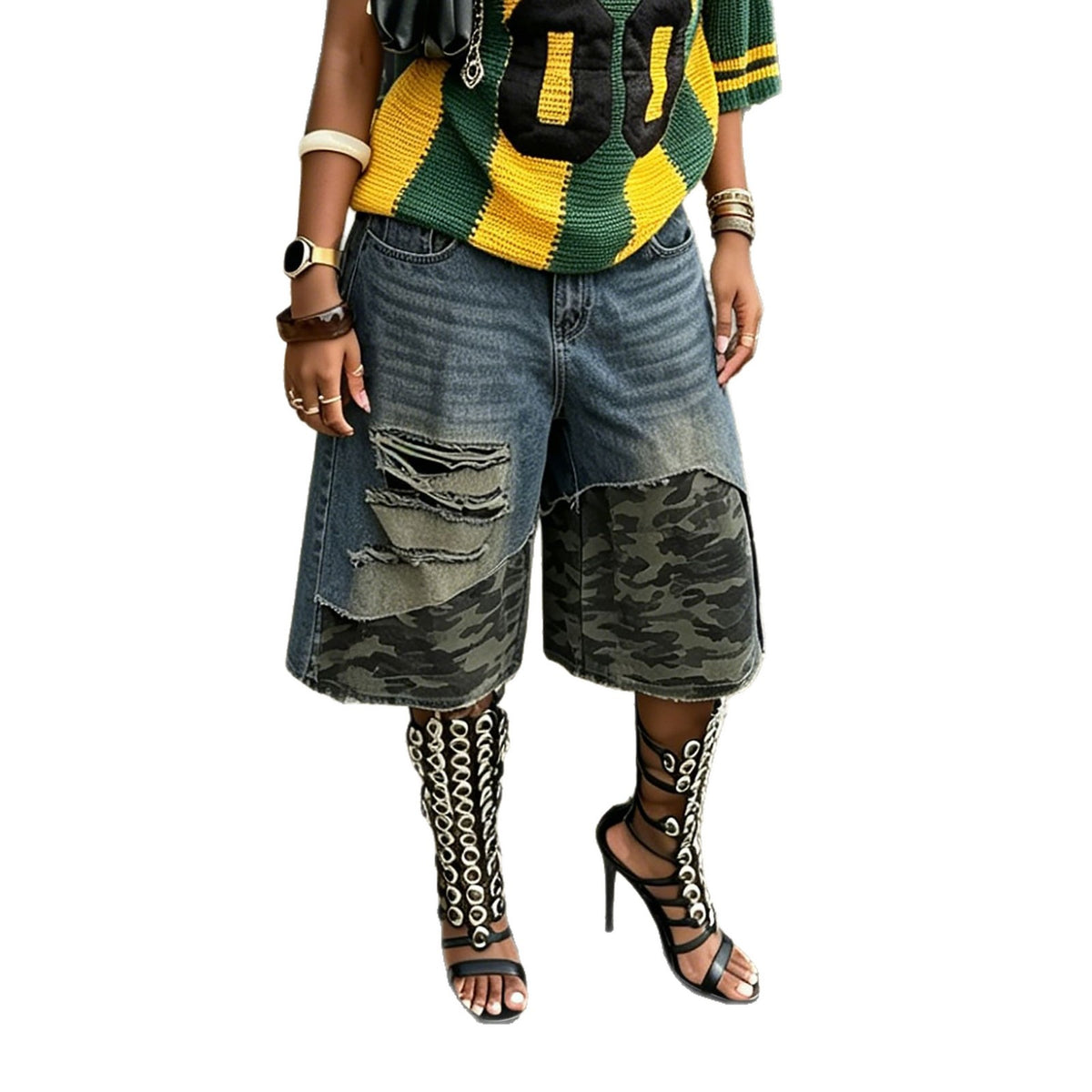 Urban Edge Camo Patchwork Denim two-piece set by Plush Fashion Hub, featuring camo print and patchwork design on denim jacket and pants.