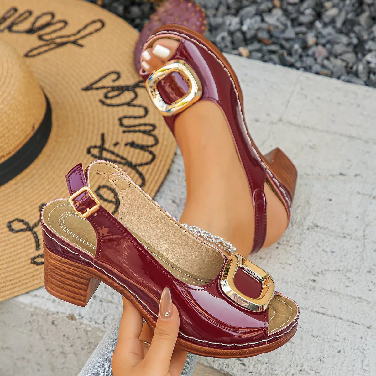 Peep toe block heel sandals by Shopimist featuring nude-colored straps and chunky heels for stylish summer footwear.