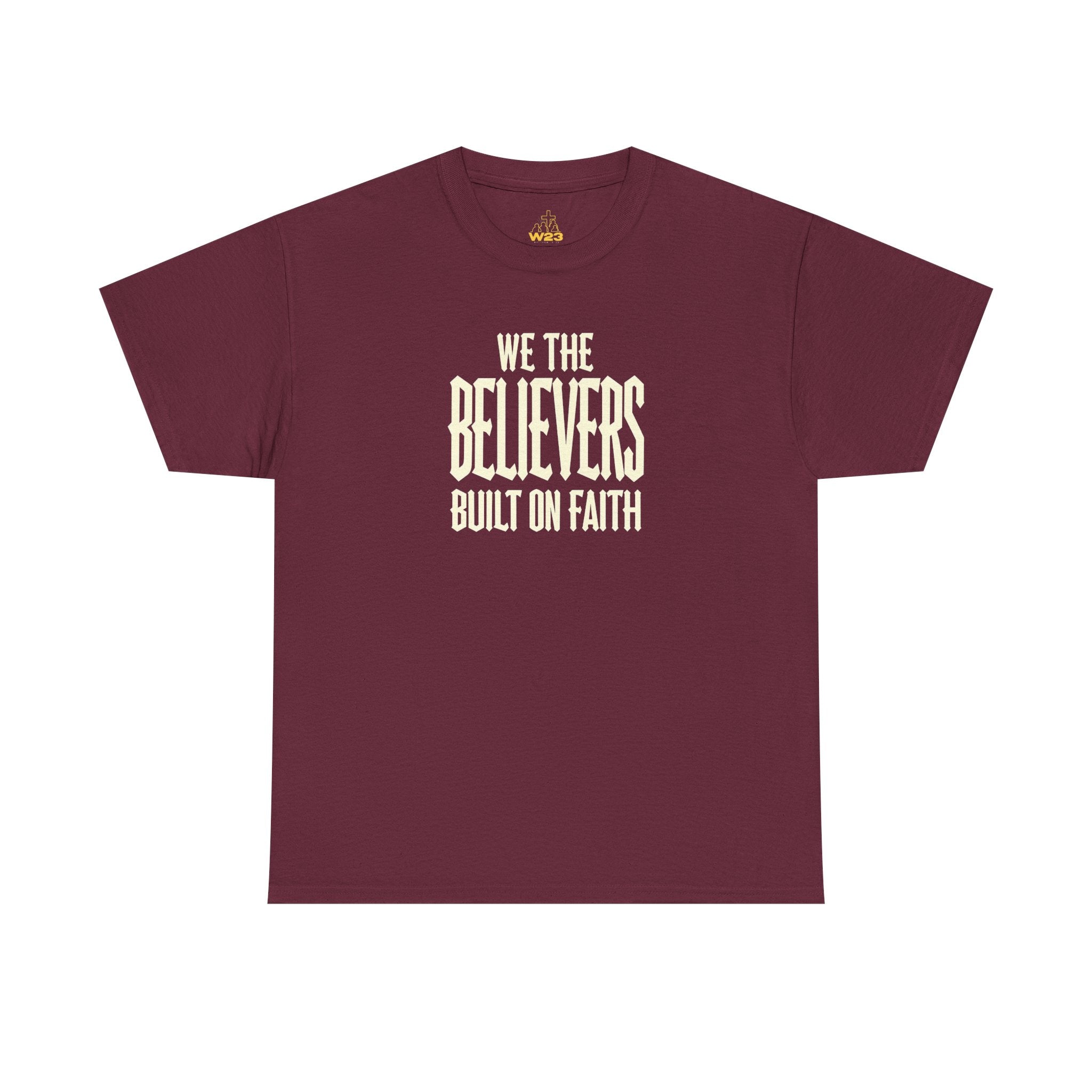 Black We The Believers Christian T-Shirt by Wear Your Worship featuring faith-themed graphics and bold blackletter streetwear style.