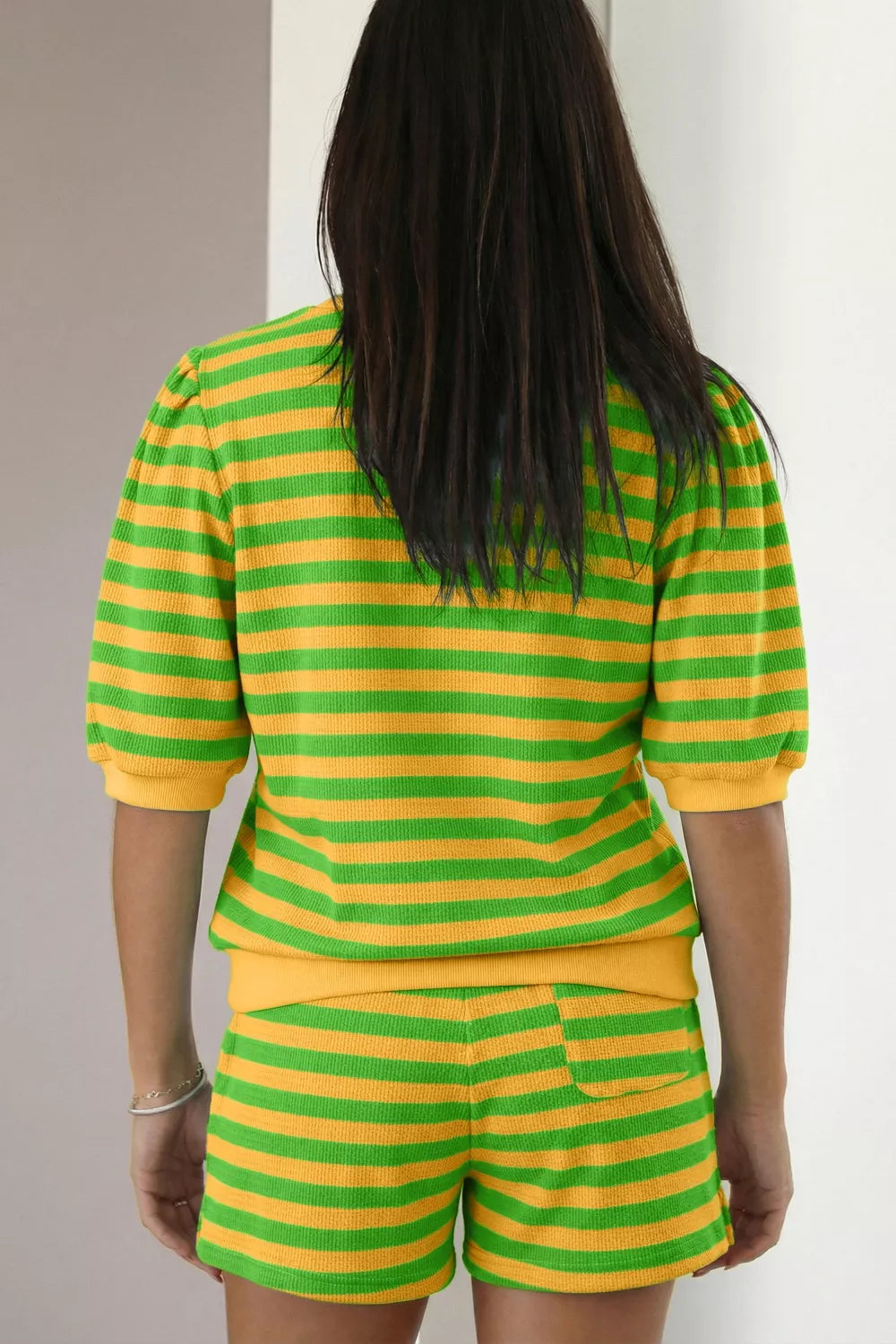Striped puff sleeve top and drawstring shorts set by Plush Fashion Hub, casual summer outfit with stylish puff sleeves and comfortable fit.