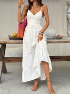 Women's V-neck tiered maxi dress with lace detail by Plush Fashion Hub, flowing silhouette and elegant design.