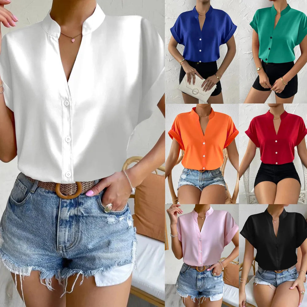 Light orange satin V-neck short sleeve shirt for women by Plush Fashion Hub, stylish casual wear with elegant comfort.