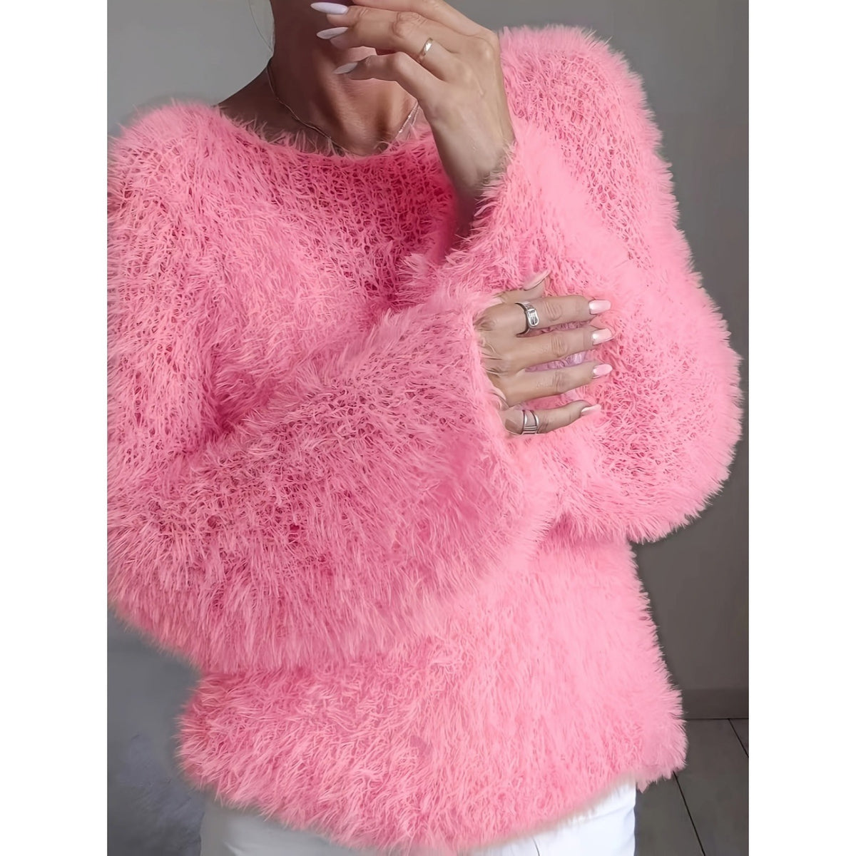 Eprolo women's macaron round neck long-sleeve fluffy solid color fur top, cozy and stylish for winter wear