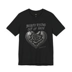 Wear Your Worship Beauty Rising Out of Pain T-shirt featuring Isaiah 61:3 from SEEN. Her. Collection, displayed on a stylish black tee.