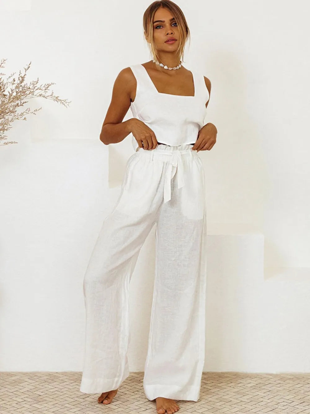 Shopimist square neck sleeveless top and matching pants set, featuring a stylish two-piece ensemble with a modern fit.