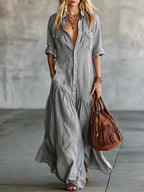 Plus size Plush Fashion Hub maxi dress with button front and roll-up sleeves, full-length, stylish and comfortable for casual wear.