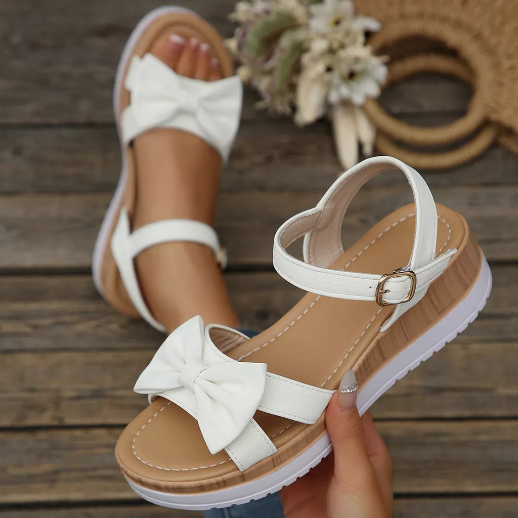 Shopimist open toe wedge sandals with a cork wedge heel, featuring stylish straps and a comfortable fit.