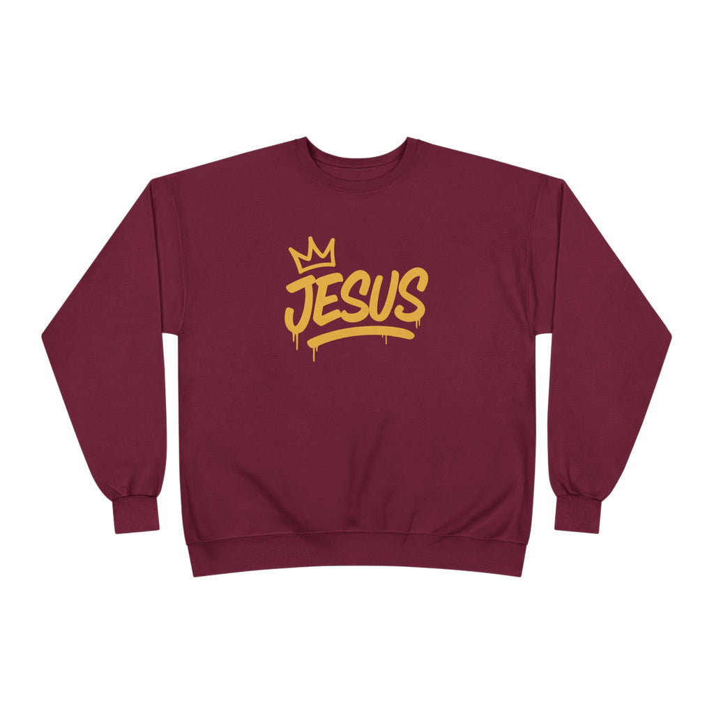Jesus Crown crewneck sweatshirt by Wear Your Worship with gold script, inspirational pullover, soft fabric, casual apparel.
