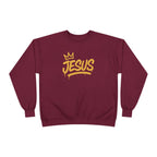 Jesus Crown crewneck sweatshirt by Wear Your Worship with gold script, inspirational pullover, soft fabric, casual apparel.