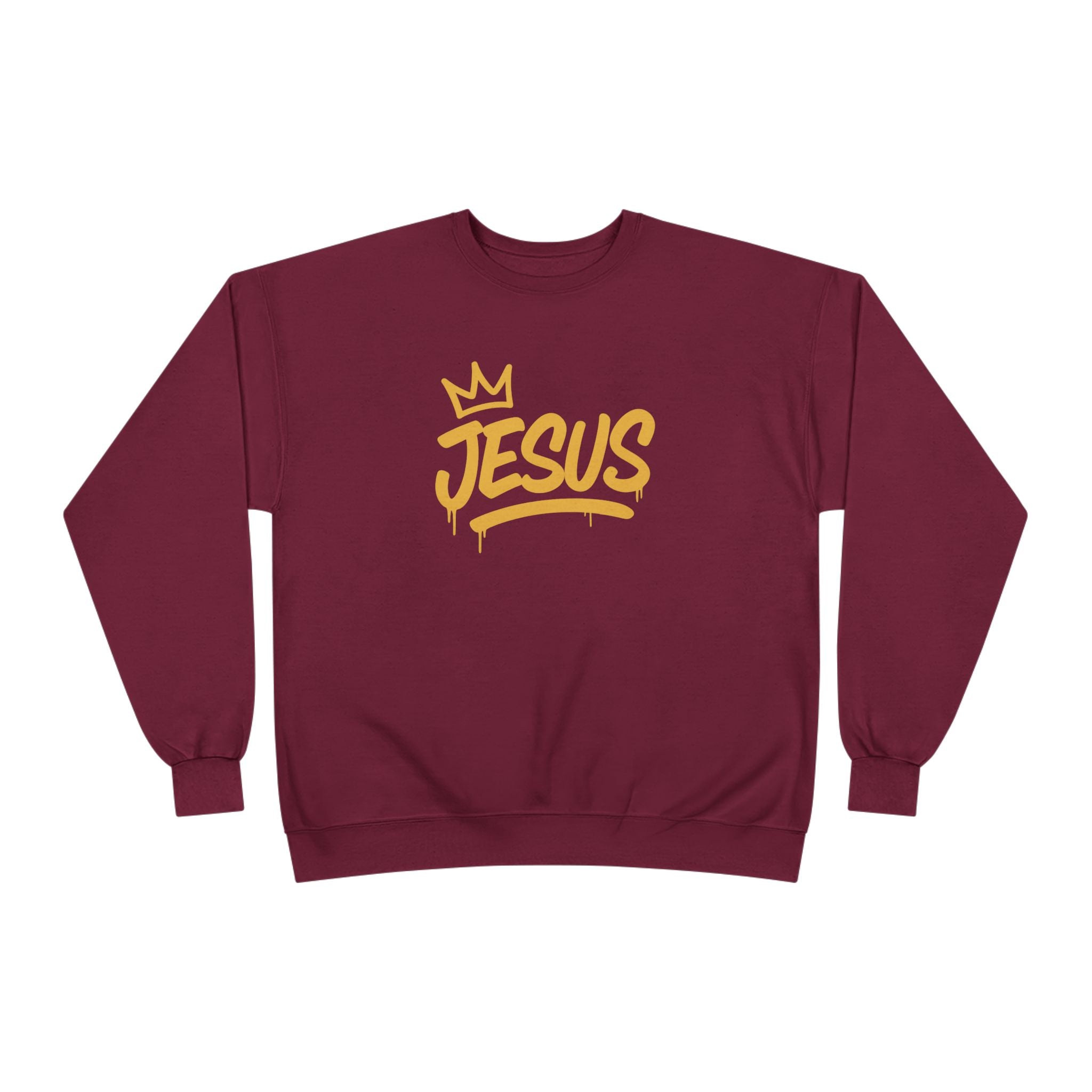 Jesus Crown crewneck sweatshirt by Wear Your Worship with gold script, inspirational pullover, soft fabric, casual apparel.