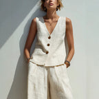 Linen blend V-neck buttoned vest and high-waist wide-leg pants set by FitiqueFit in multiple colors, shown on a model.