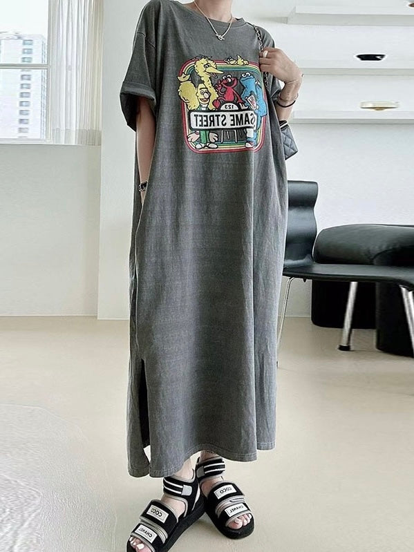 Colorful cartoon print loose dress by PAINEVIDA, flowing fabric with vibrant cartoon characters, casual and stylish for everyday wear.