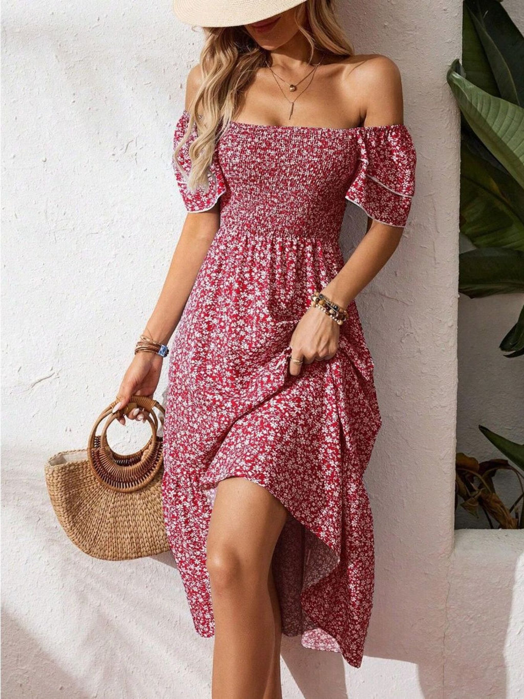 Floral print smocked ruffle sleeve midi dress by Trendsi, lightweight summer fashion, shown on a model with a flowy silhouette.