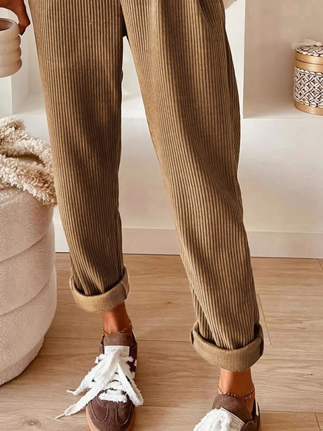 Casual corduroy drawstring waist pants by Simply Love, shown in a relaxed fit with side pockets and comfortable waistband.
