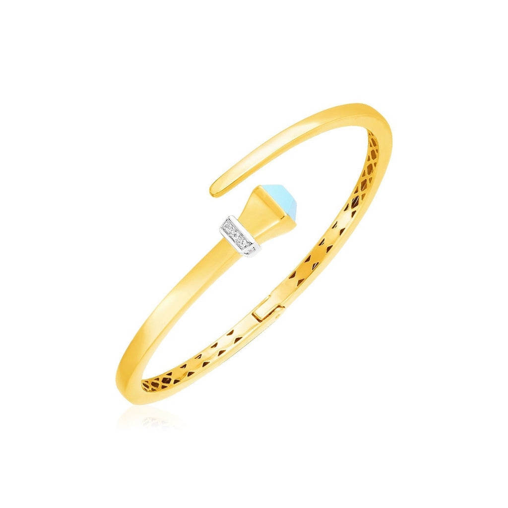 14k yellow gold crossover hinged bangle bracelet with turquoise stones and diamond accents, stylish jewelry by Plush Fashion Hub