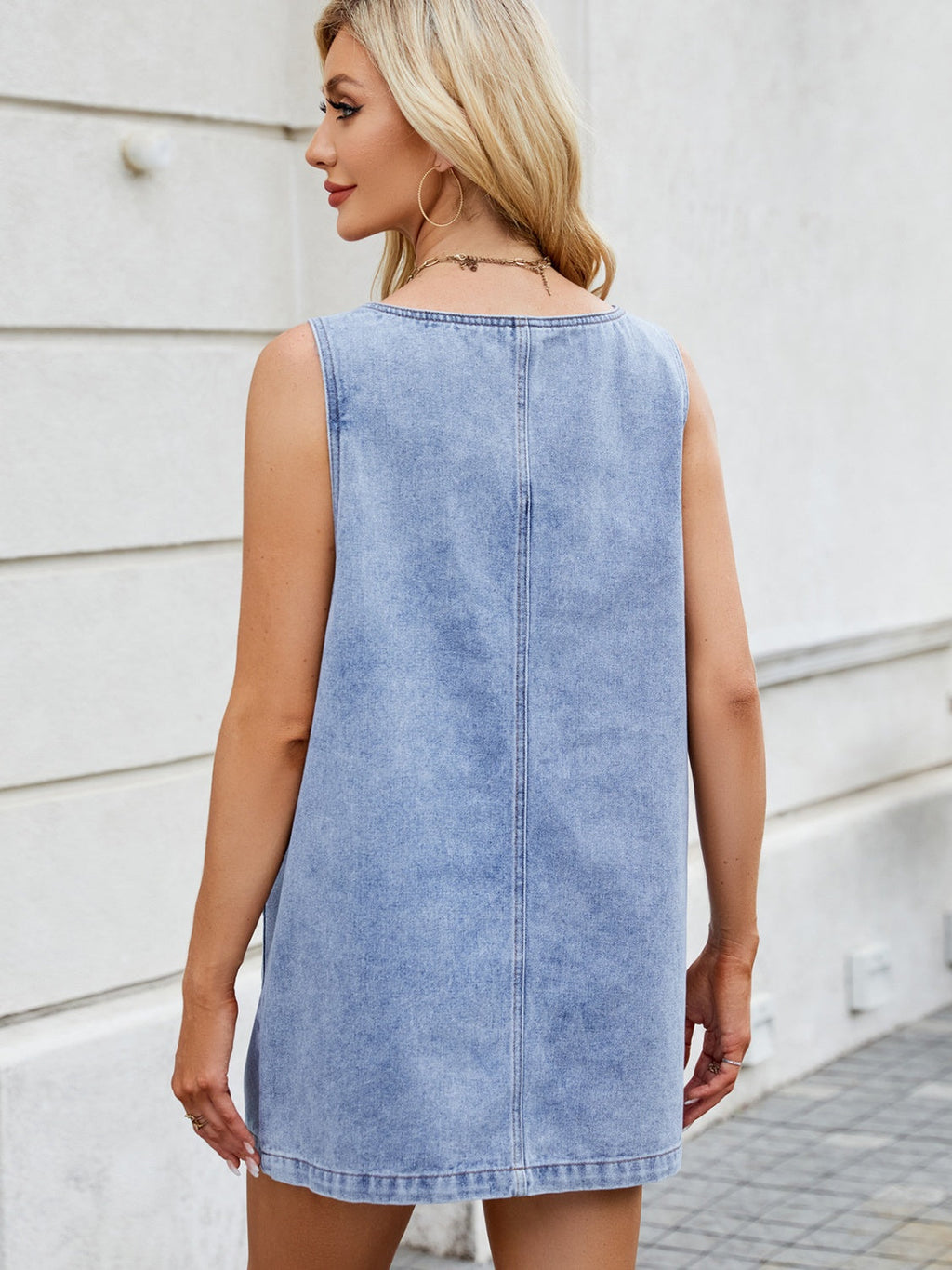 VYSN denim dress with scoop neck and wide straps, casual clothing fashion, front view showing relaxed fit and stylish design.