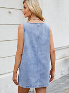 VYSN denim dress with scoop neck and wide straps, casual clothing fashion, front view showing relaxed fit and stylish design.