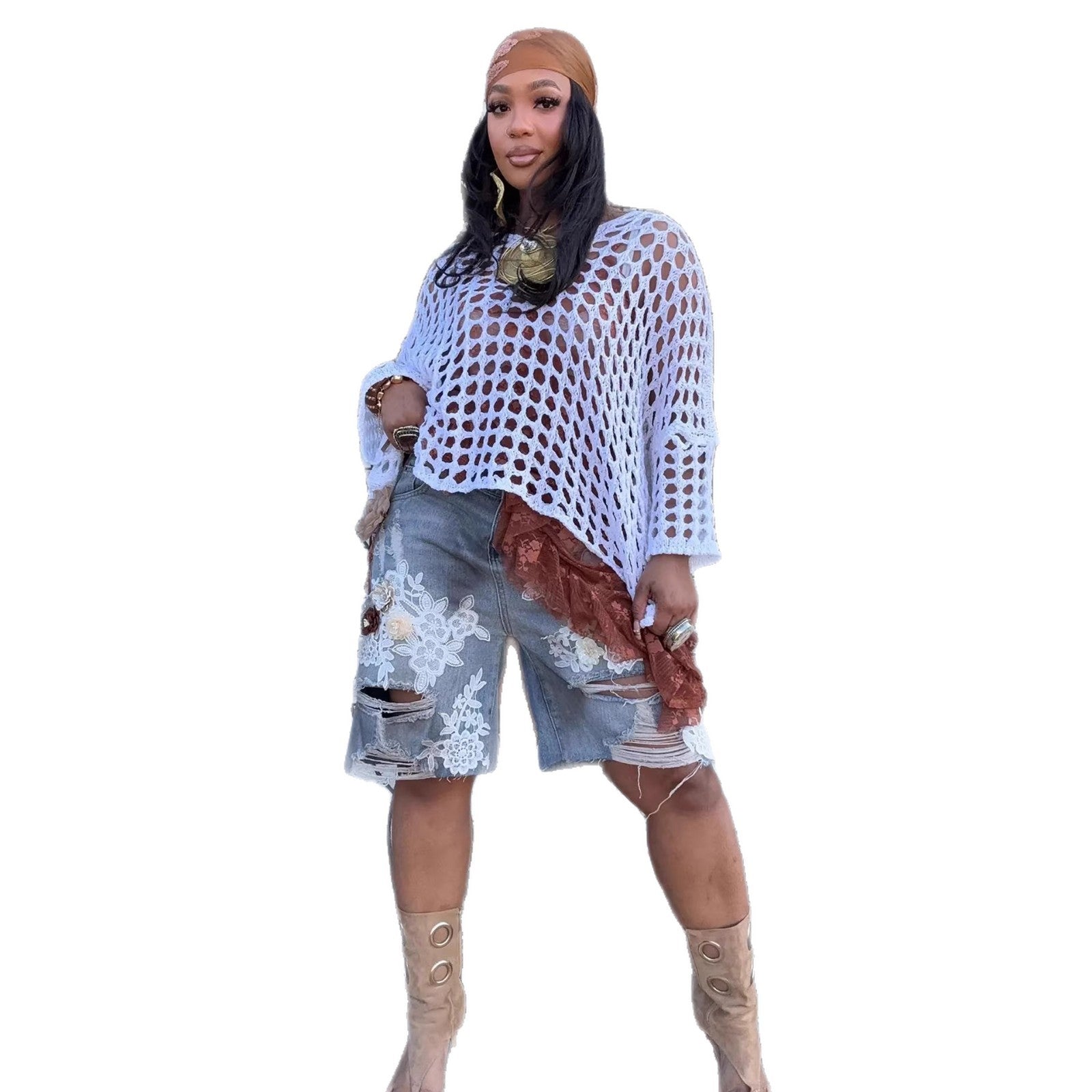 Ripped Distressed Denim Shorts with Lace Hollow-Out and 3D Floral Design