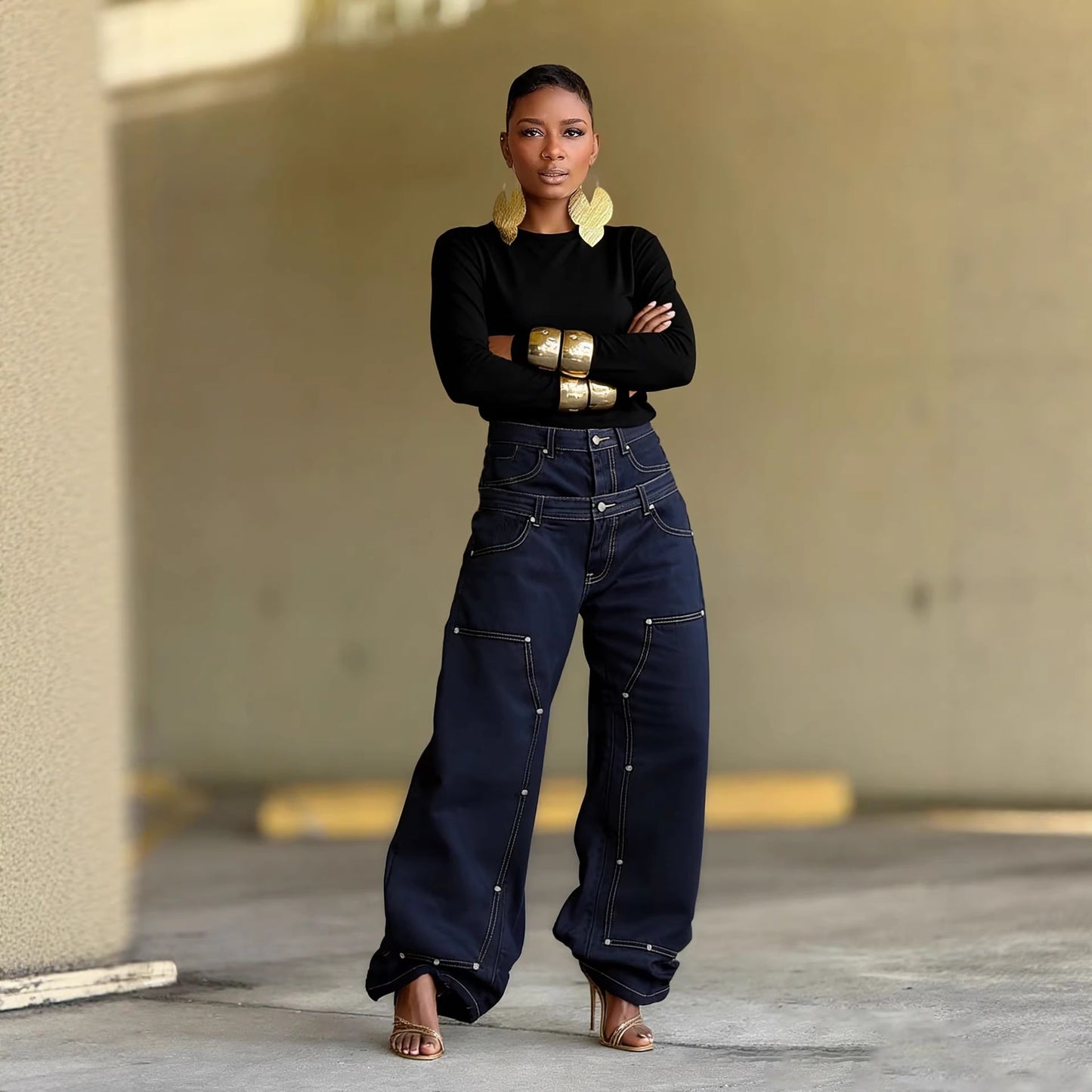 Denim jeans with double waistband and rivet spliced design from Plush Fashion Hub, showcasing stylish spliced denim pants.