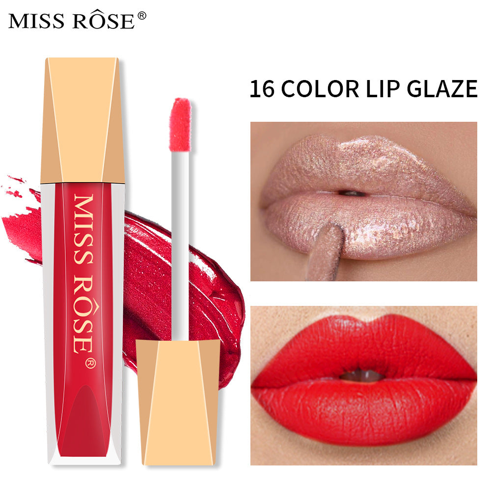 Miss Rose red lip glaze in a clear tube with a gold cap, shown with an applicator, swatch, and lips wearing it.