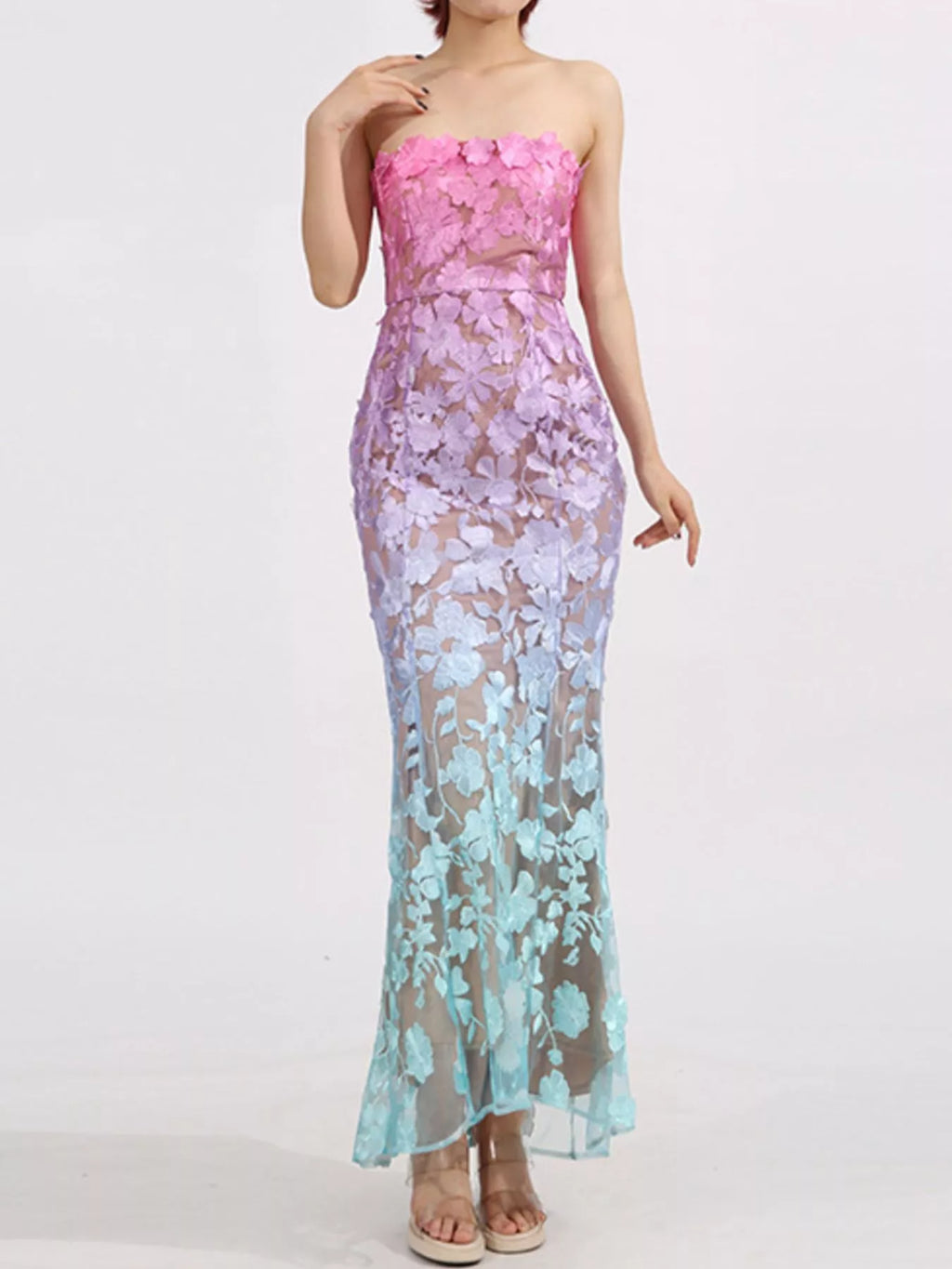 Floral embroidered tube maxi dress by Shopimist featuring colorful floral embroidery on a sleek, fitted dress style.