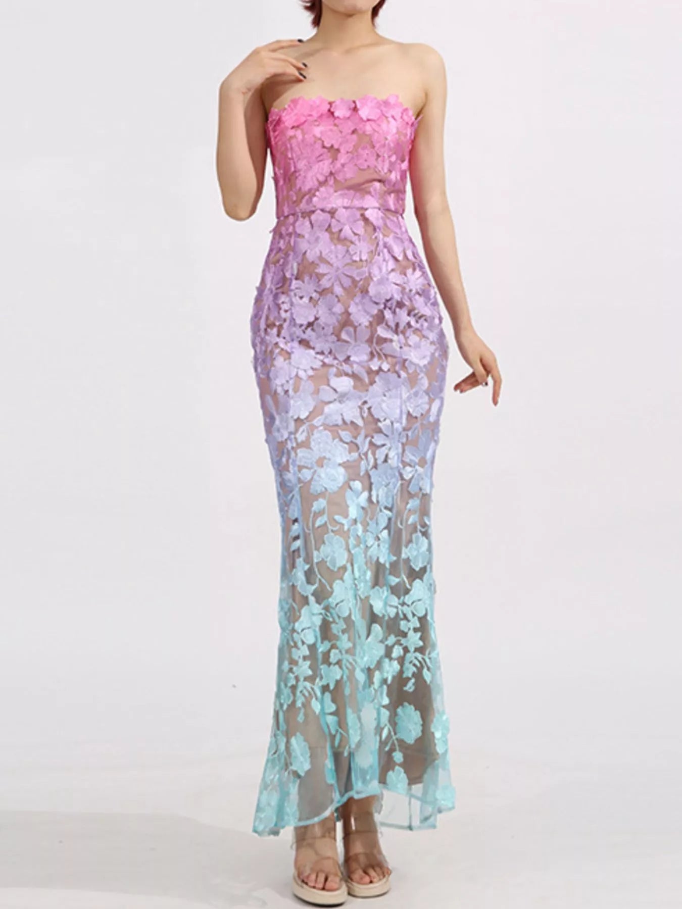 Floral embroidered tube maxi dress by Plush Fashion Hub featuring colorful flower patterns and a fitted, elegant silhouette.