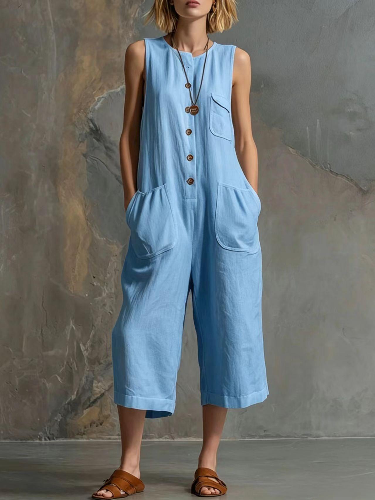 Retro sleeveless cotton-linen wide-leg cropped jumpsuit by Plush Fashion Hub, shown on a model with a casual summer look.