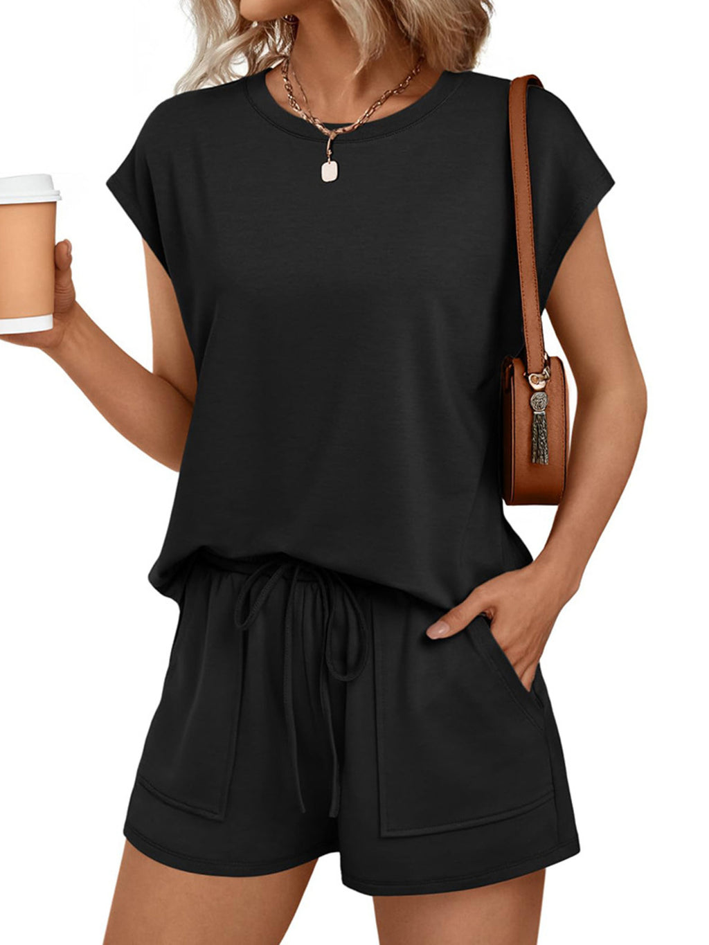 Women’s plush soft round neck cap sleeve lounge set with drawstring shorts, featuring a comfortable 2-piece design by Plush Fashion Hub.