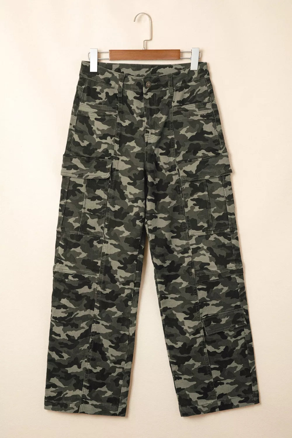 Camouflage print women's denim pants with multiple pockets, styled for a casual look by Shopimist