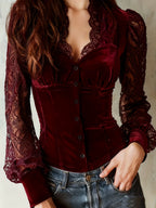 Women’s black velvet and lace patchwork top with French-inspired style, featuring elegant details and a fitted design.