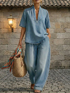 Casual retro V-neck washed denim top and wide-leg pants set by Plush Fashion Hub in three colors, available in sizes S to 3XL.