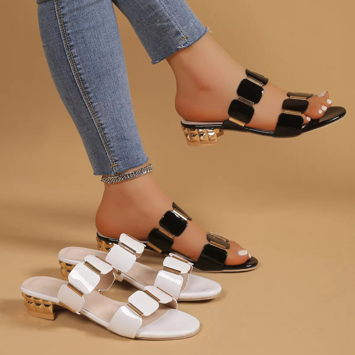 Women's open toe block heel sandals by Plush Fashion Hub, featuring a low heel and comfortable design for dressy occasions.