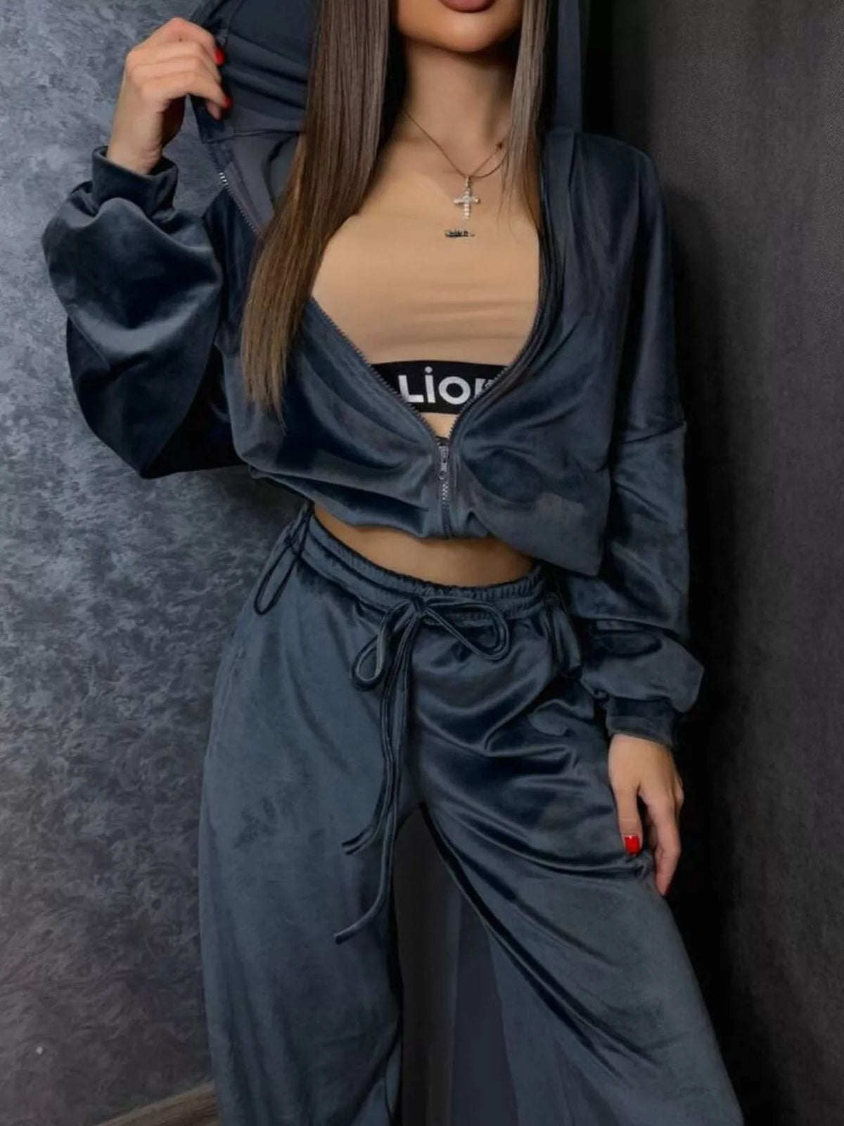 Plush Fashion Hub zip-up cropped outerwear and matching pants set, casual stylish loungewear with front zipper details.