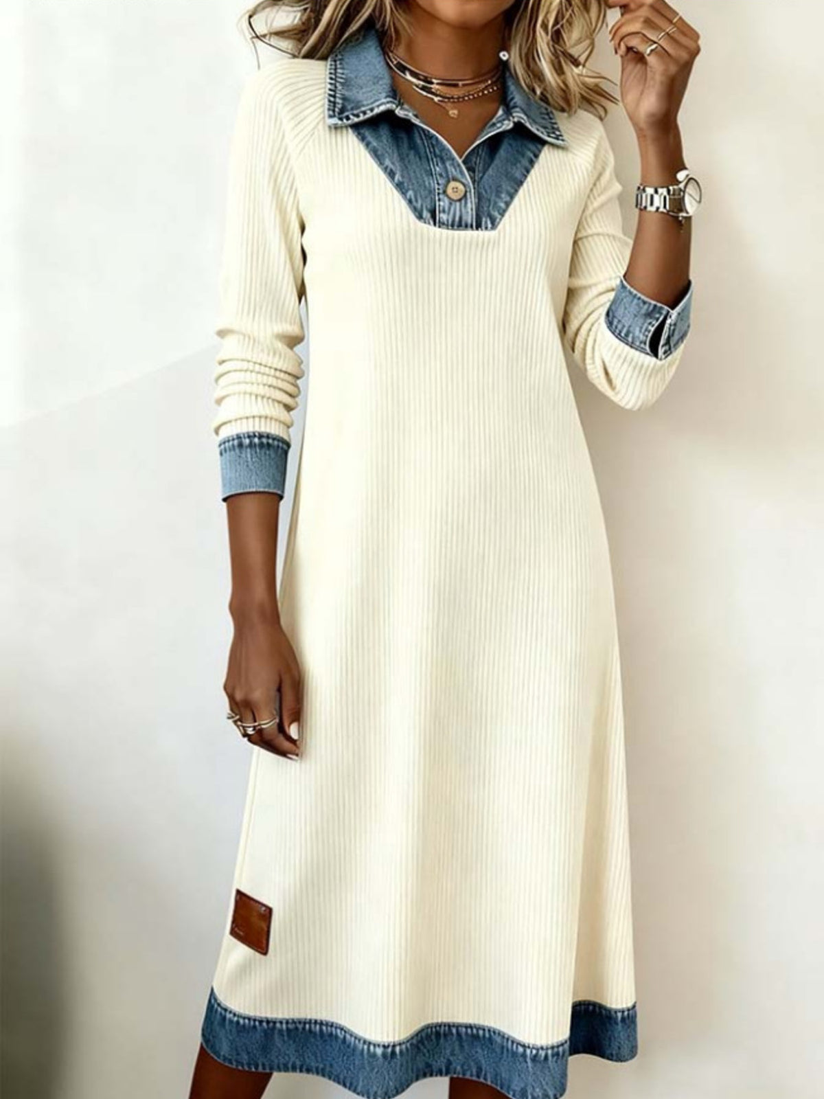 Plus size denim trim ribbed knit midi dress by Trendsi, featuring a fitted silhouette and stylish design in natural fabric detail.