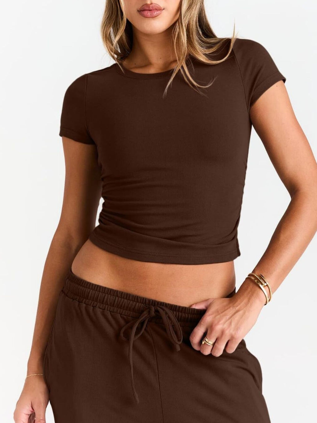 Women's round neck short sleeve T-shirt and drawstring lounge set, stylish two-piece set by Trendsi, featuring comfortable casual wear.