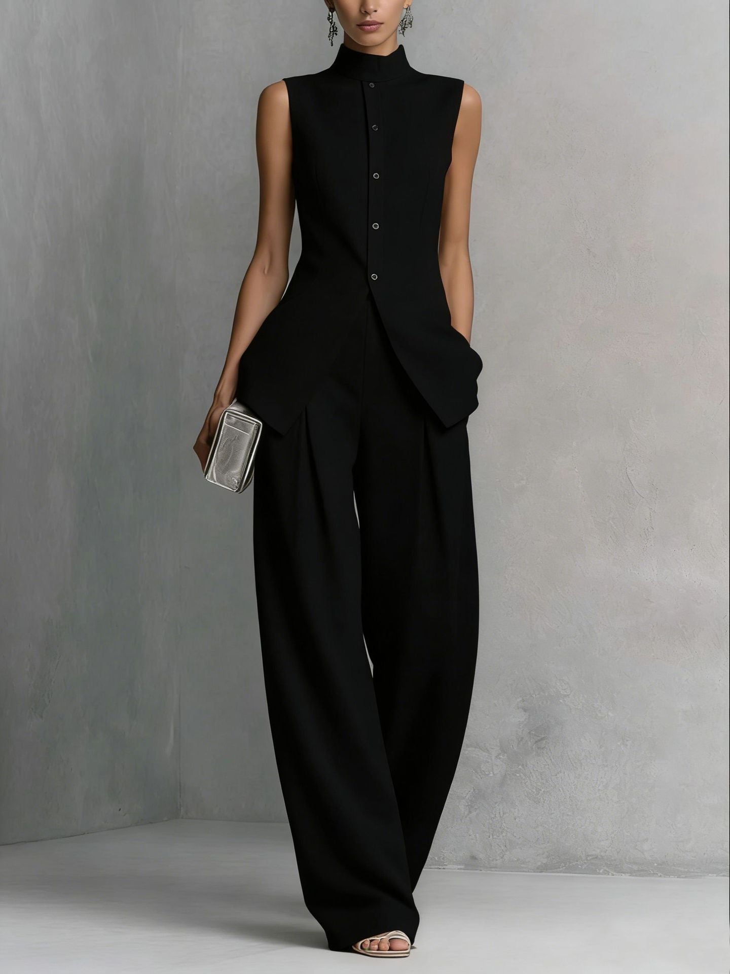 Women's sleeveless top and long pants two-piece casualwear set by Plush Fashion Hub in four colors, styled for a relaxed look.