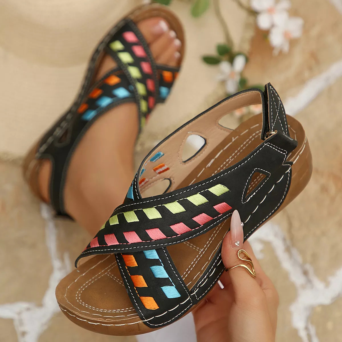 Shopimist open toe wedge sandals with a beige platform and ankle straps, perfect for casual summer wear.