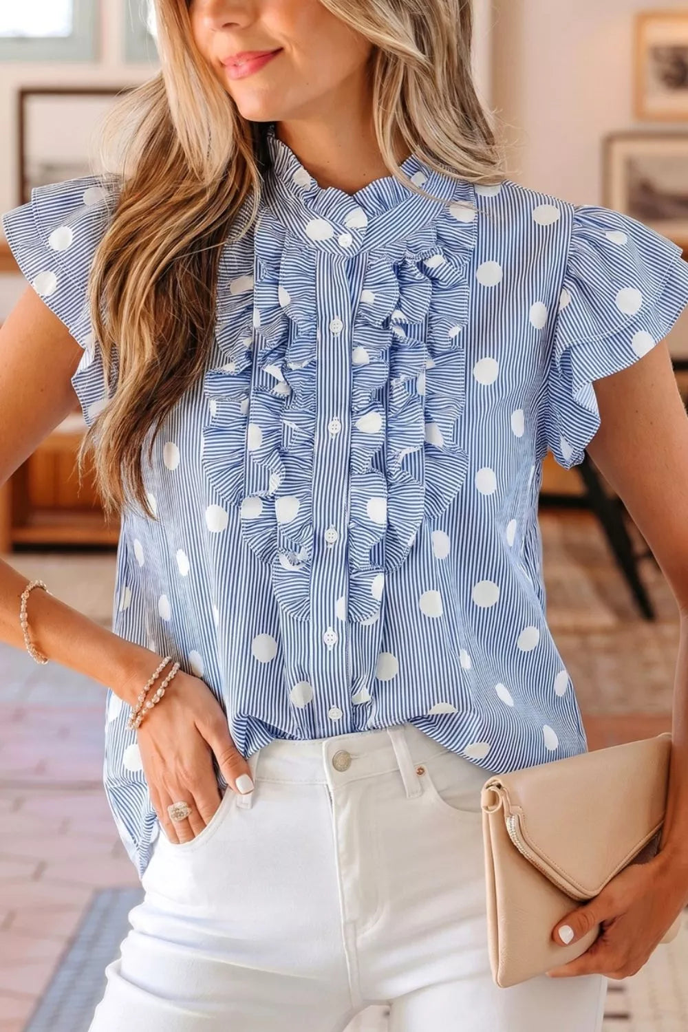Plush Fashion Hub stripe contrast polka dot print pleated ruffle sleeve shirt displayed on a model.