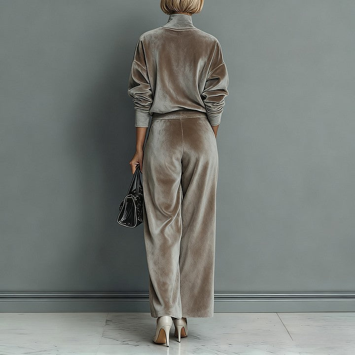 Plush Fashion Hub casual velour long-sleeved high-neck zipper sportswear with wide-leg fit in solid color, cozy and stylish for active wear