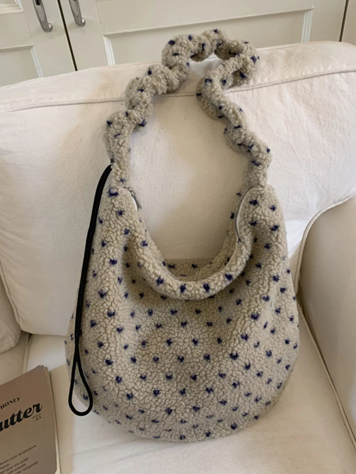 Plush Sherpa ruched strap handbag by Plush Fashion Hub featuring soft faux Sherpa material and stylish design.
